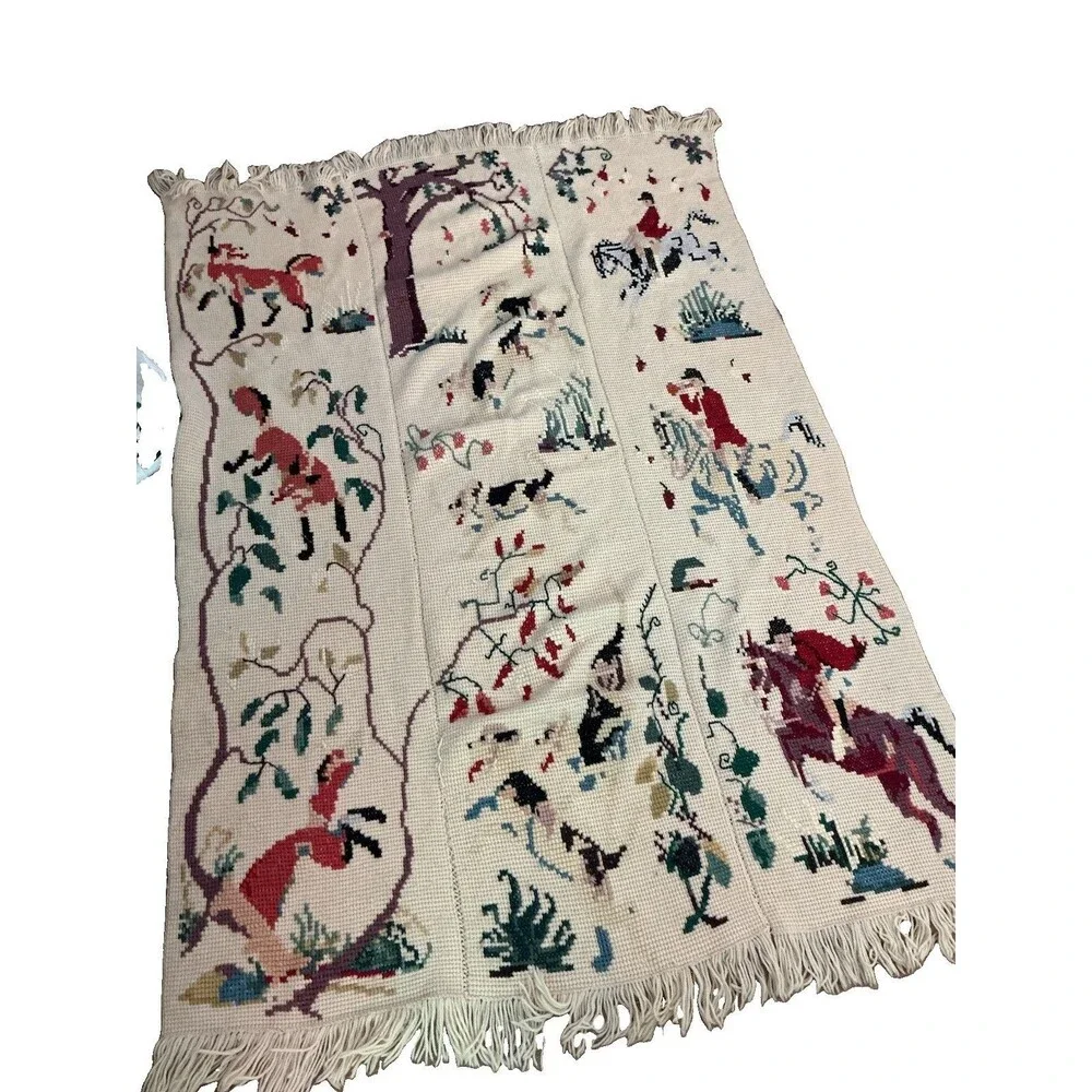 Vintage Hand Embroidered English Fox Hunt Blanket Throw 54x80 Hunting Scene